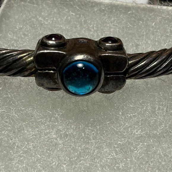 Sterling Silver Open Cable Cuff Bracelet with Blue Topaz Stones. 2 3/8” across - Picture 2 of 7